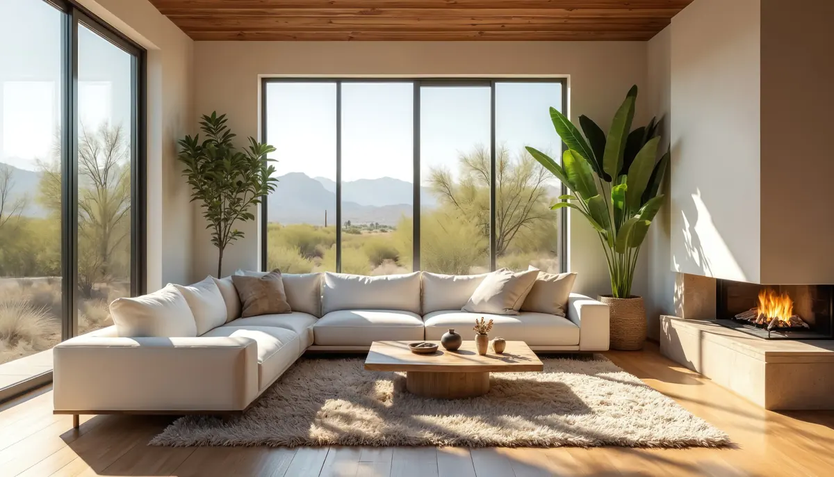 Bright modern living room with floor-to-ceiling windows framing desert mountain views